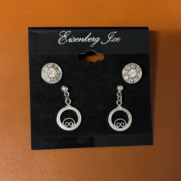 2 pairs Silver Earrings, iridescent crystal stud & silver dangling hoops - Picture 1 of 5